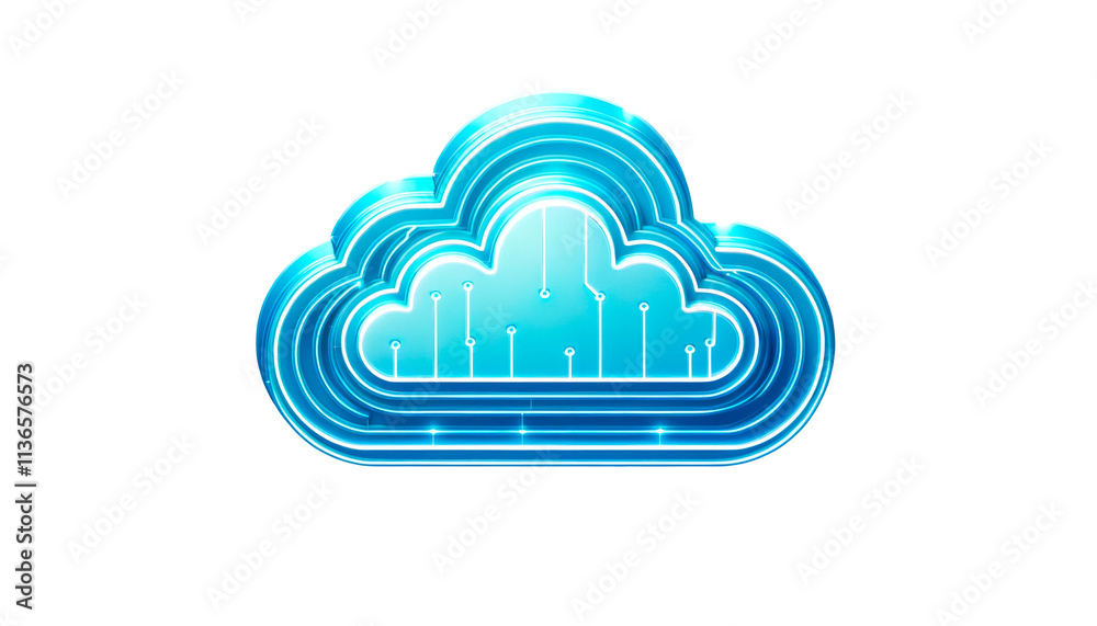 Blue glowing cloud icon with circuit lines on clean white background, isolated design element, concept of data storage or cloud computing. Ai generative. Blue glowing cloud icon with circuit lines on clean white background, isolated design element, concept of data storage or cloud computing. Ai generative.