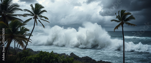 Powerful waves tumultuously strike the rocky coastline as dark storm clouds gather above. Palm trees bend under the force of the strong winds, creating a dramatic coastal view photo