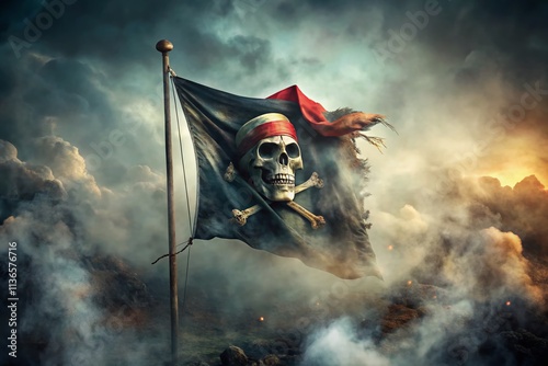 Misty Pirate Flag Watercolor Portrait - Dramatic Seafaring Scene photo