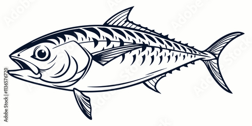 Vector Fish Mackerel Line Art, isolated white background