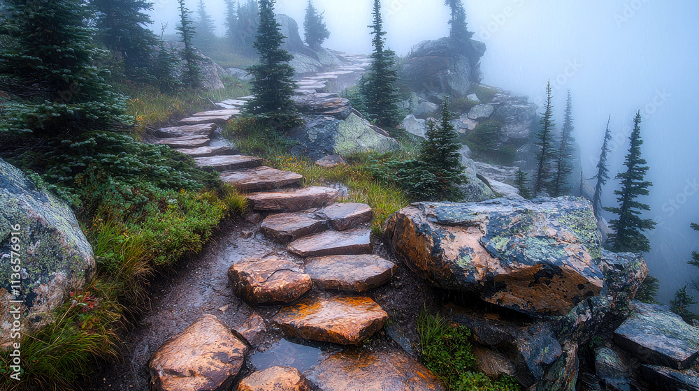 Fototapeta premium Misty mountain stone path.