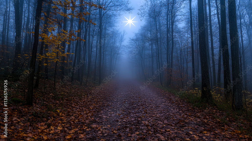 Fototapeta premium Misty forest path at twilight.