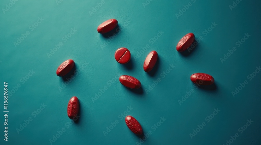 Close-Up Aerial View of Red Pills on a Matte Blue Surface Close-Up Aerial View of Red Pills on a Matte Blue Surface