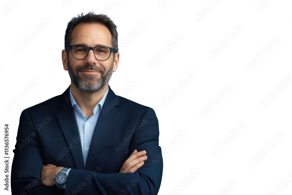 Business man in glasses and formal clothes looking at viewer with confidence and friendly smile, standing with arms crossed, isolated on blue background Business man in glasses and formal clothes looking at viewer with confidence and friendly smile, standing with arms crossed, isolated on blue background