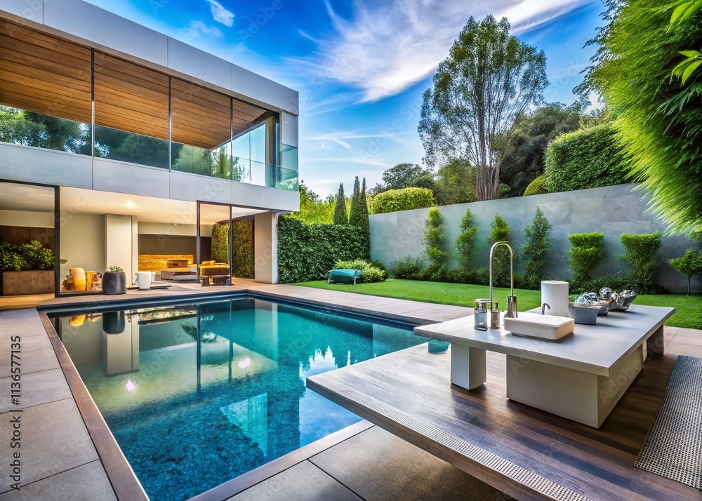 Fototapeta premium Modern Backyard Poolside Lab Tests: Documentary Photography