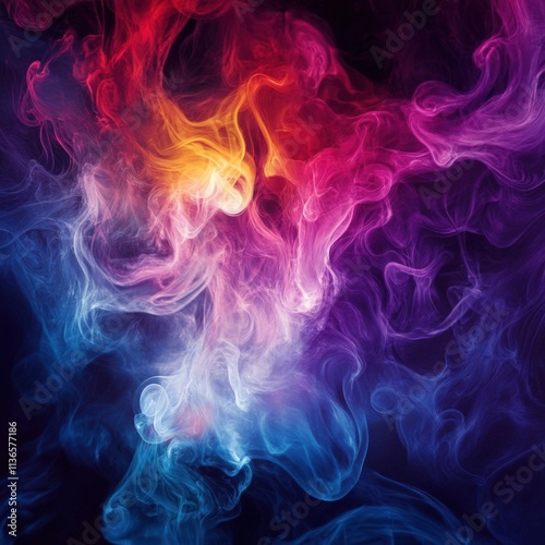 Colorful smoke on a dark background, creating a dramatic atmosphere. 