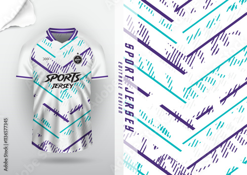Jersey design, jersey, football, soccer, futsal, running, badminton, tennis, exercise, rugby, surface pattern, white, blue, purple