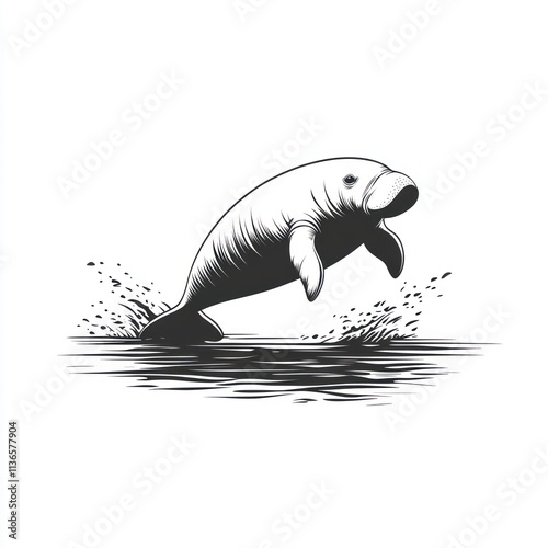 Monochrome illustration of a manatee leaping from water. photo