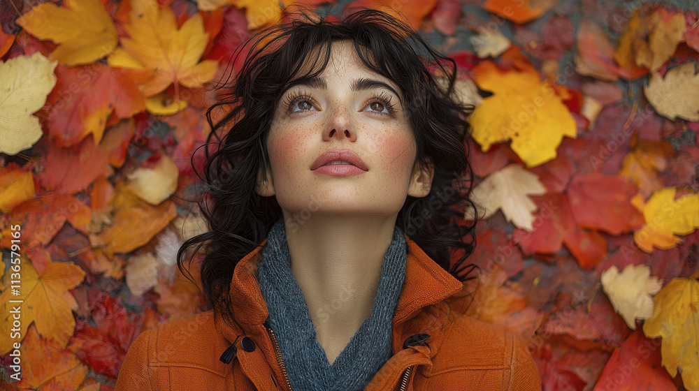 woman with curly hair gazes upward amidst vibrant autumn leaves, wearing orange jacket and gray sweater, evoking sense of wonder and tranquility woman with curly hair gazes upward amidst vibrant autumn leaves, wearing orange jacket and gray sweater, evoking sense of wonder and tranquility