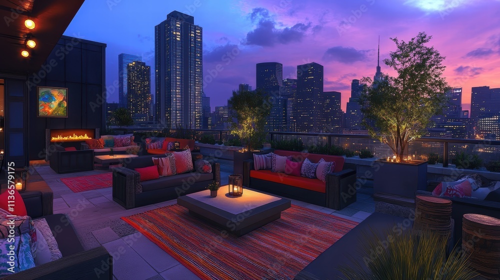 Obraz premium rooftop lounge with city skyline view at dusk