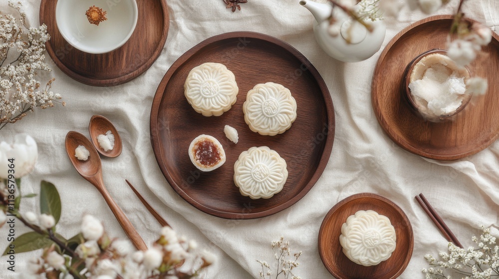 Chinese Mid Autumn Festival food snowskin moon cakes arranged wooden plates with tea set and florals Chinese Mid Autumn Festival food snowskin moon cakes arranged wooden plates with tea set and florals