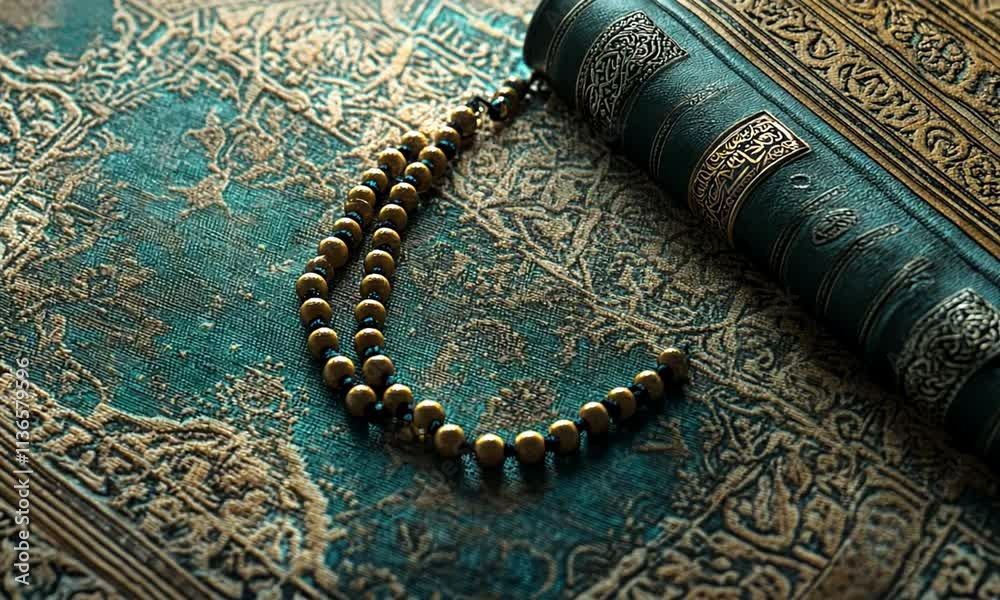 Quran and prayer beads resting on an ornate teal prayer mat.