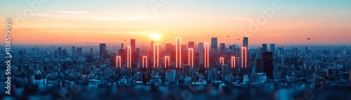 Digital transformation and technology driving growth, a futuristic cityscape with skyscrapers shaped like glowing bar graphs. photo