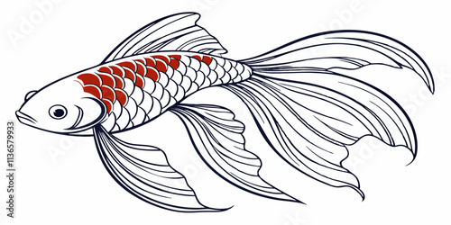 Vector Siamese fish Line Art, isolated white background