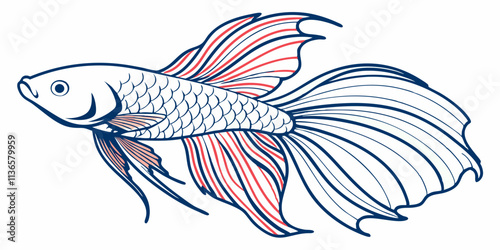 Vector Siamese fish Line Art, isolated white background