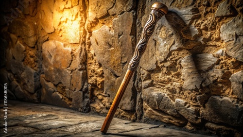 Ornate Walking Stick Leaning Against a Rustic Stone Wall