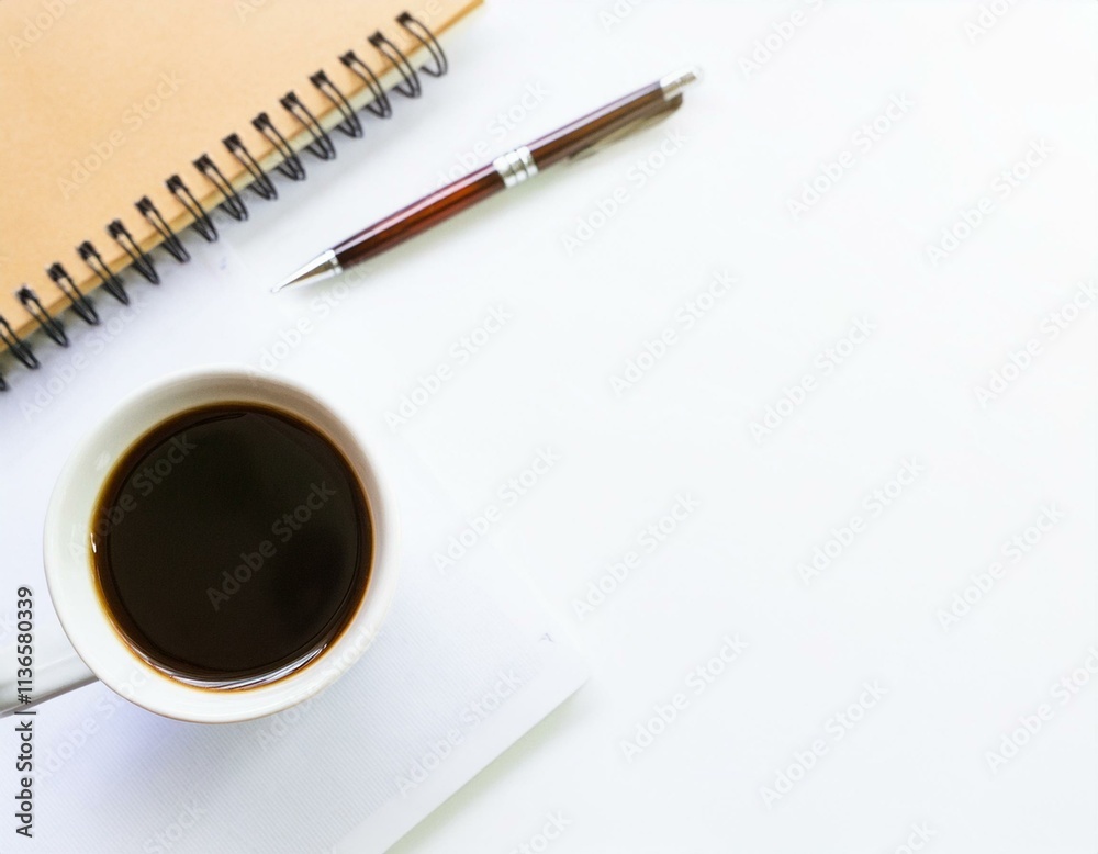 Office desk table with paper work, notebook and coffee cup; top view on white background Office desk table with paper work, notebook and coffee cup; top view on white background