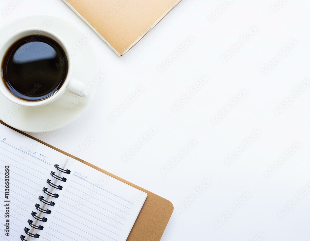 Office desk table with paper work, notebook and coffee cup; top view on white background Office desk table with paper work, notebook and coffee cup; top view on white background