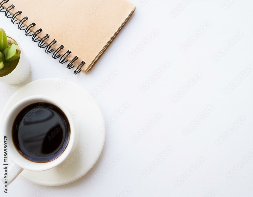 Office desk table with paper work, notebook and coffee cup; top view on white background 