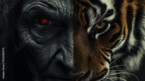 face looking at the camera divided in half, on the left an old witch with red eyes, on the right a realistic tiger photo