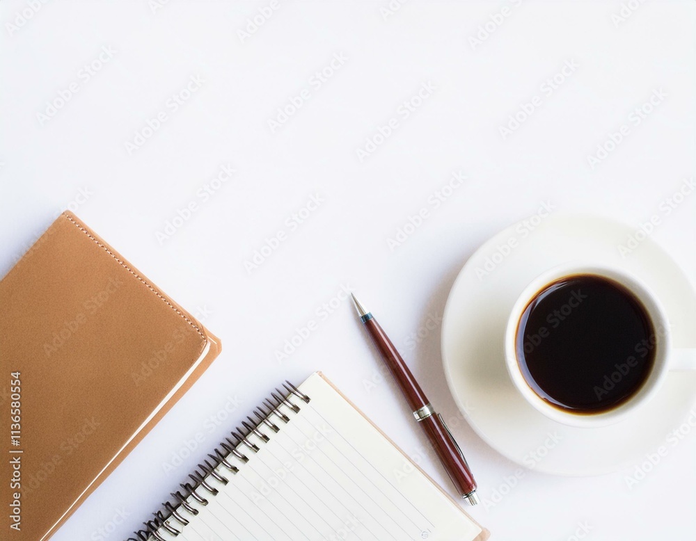 Office desk table with paper work, notebook and coffee cup; top view on white background Office desk table with paper work, notebook and coffee cup; top view on white background