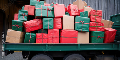 Truck carrying a pile of Christmas gifts, packed boxes. Cropped image with copy space background. photo