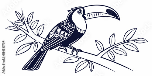 Vector Toucan Bird Line Art, isolated white background