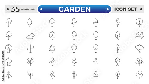 Set of garden icons. Growing seedlings and plant shoots. Agriculture and gardening. Biotechnology plants. Sowing seeds. Editable stroke outline icon.
