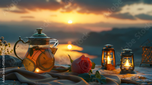 Sunset Tea Ceremony: A tranquil scene of a glass teapot filled with herbal tea, accompanied by a single rose and flickering lanterns, set against a breathtaking sunset over a serene lake. photo