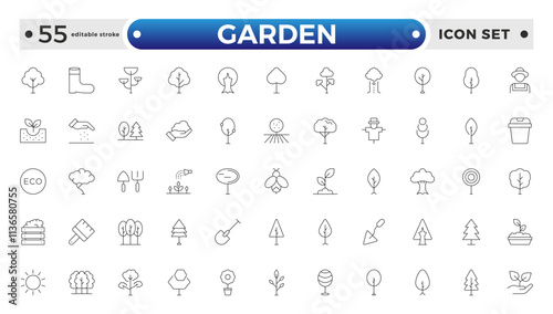 Set of garden icons. Growing seedlings and plant shoots. Agriculture and gardening. Biotechnology plants. Sowing seeds. Editable stroke outline icon.
