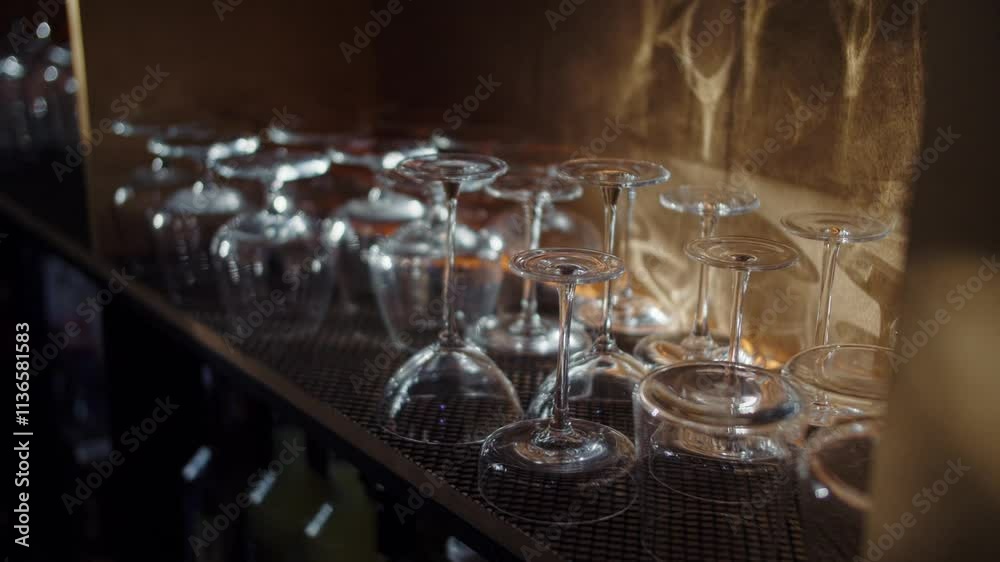 Perfectly washed and polished wine glasses in bar