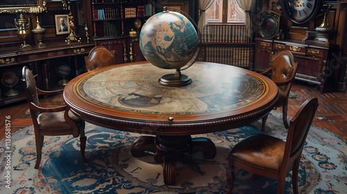 Grand study with antique globe on a large round table 