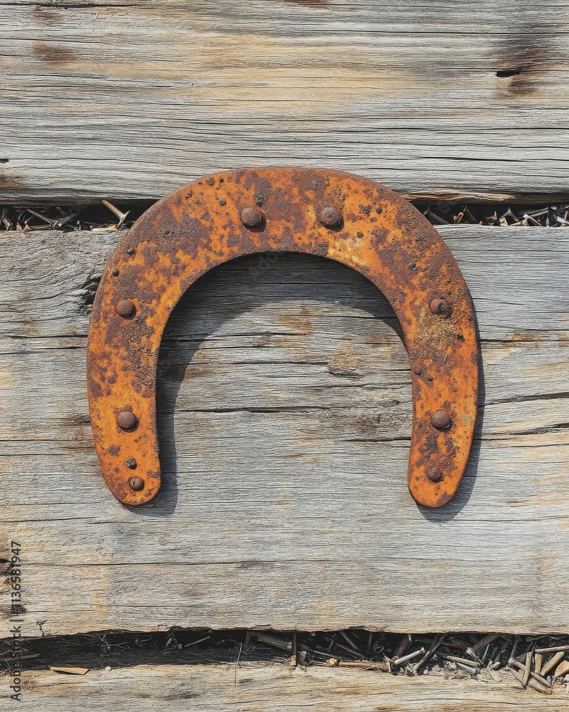 Weathered Rusty Horseshoe on Wooden Surface Weathered Rusty Horseshoe on Wooden Surface