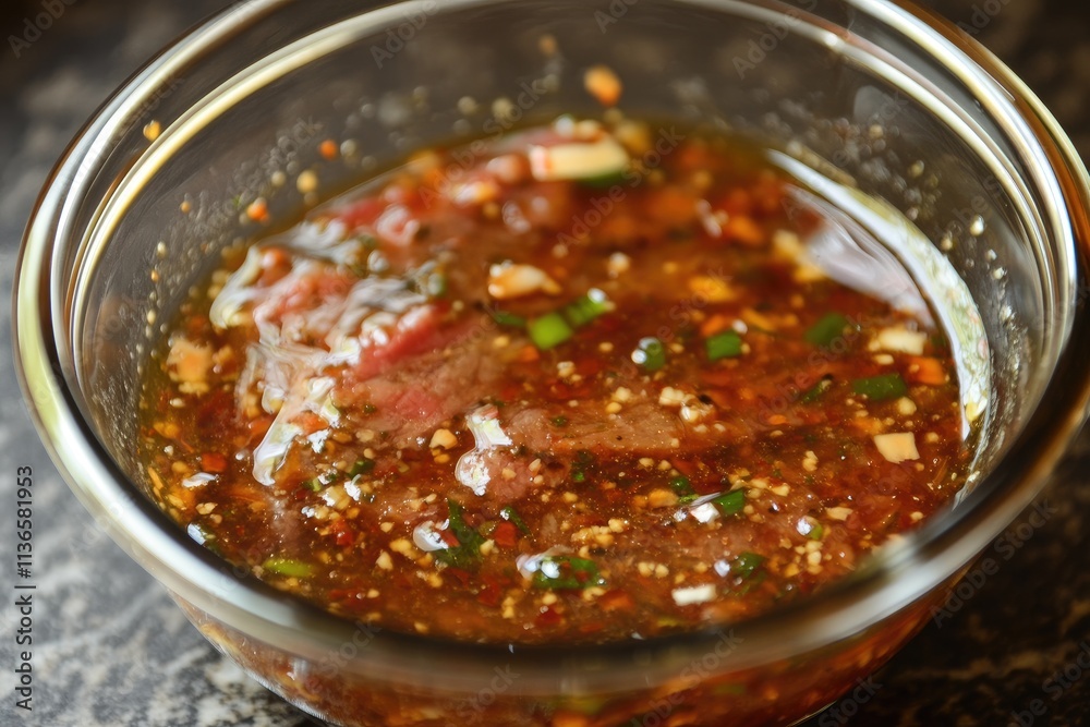 Marinated Beef In A Glass Bowl Ready For Cooking Marinated Beef In A Glass Bowl Ready For Cooking
