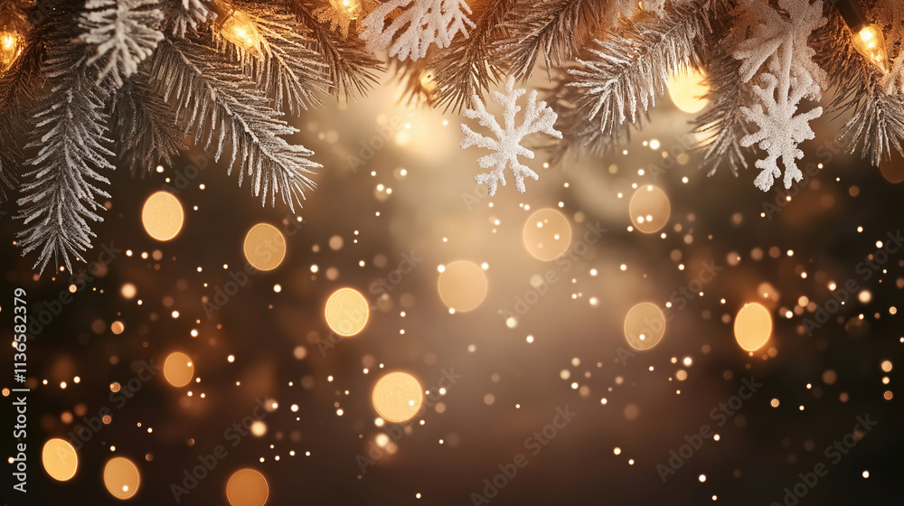 Fototapeta premium Christmas background with glowing lights and delicate snowflakes