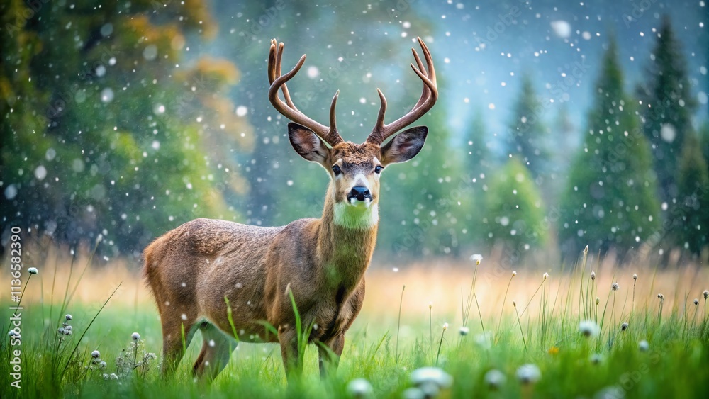 Mule Deer Buck in a Serene Meadow Amidst Light Snow Flurries, Captured with Bokeh Effect for a Dreamy Winter Landscape Mule Deer Buck in a Serene Meadow Amidst Light Snow Flurries, Captured with Bokeh Effect for a Dreamy Winter Landscape