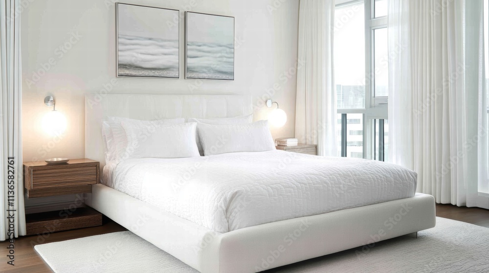 Fototapeta premium luxurious modern bedroom with white bedding and city view
