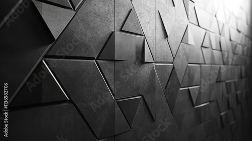 A Futuristic Dark Wall with a 3D Triangular Tile Pattern, Creating a Sleek High-Tech Aesthetic. Perfect for Modern Architecture and Design Concepts.

 photo