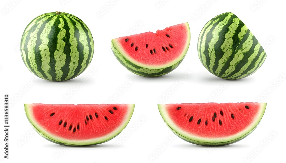 A set of Watermelon isolated on a white background. It includes whole,halved and slice, all with full depth of field. --ar 7:4 A set of Watermelon isolated on a white background. It includes whole,halved and slice, all with full depth of field. --ar 7:4
