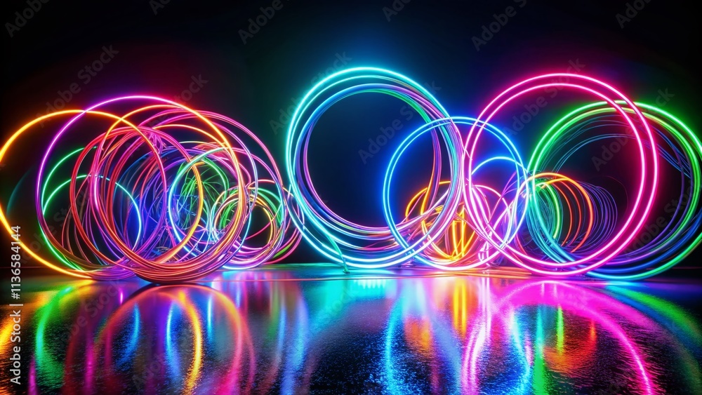 Neon Circles: Vivid Lines Creating a Dynamic Abstract Artwork on a Bold Black Canvas for Modern Interior Design and Graphic Projects Neon Circles: Vivid Lines Creating a Dynamic Abstract Artwork on a Bold Black Canvas for Modern Interior Design and Graphic Projects