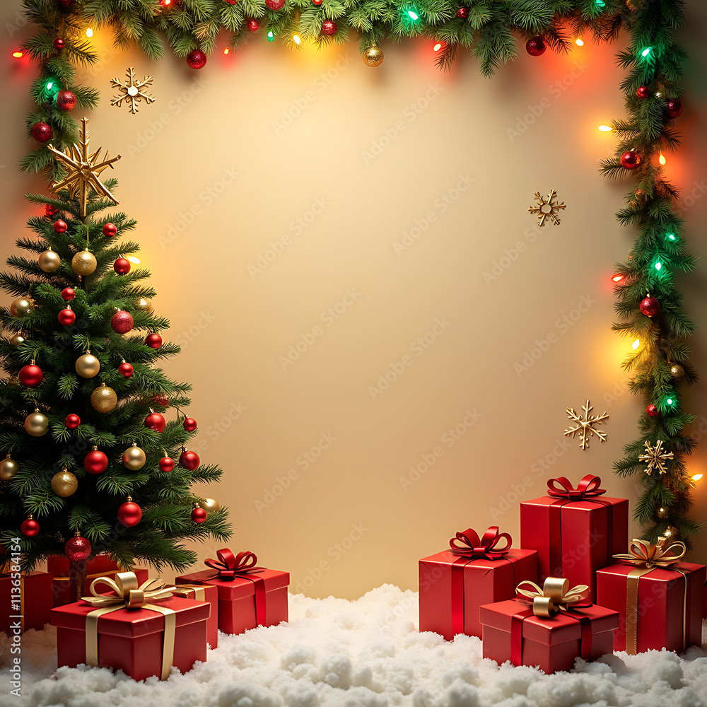 Festive Christmas Scene with Decorated Tree and Presents Festive Christmas Scene with Decorated Tree and Presents