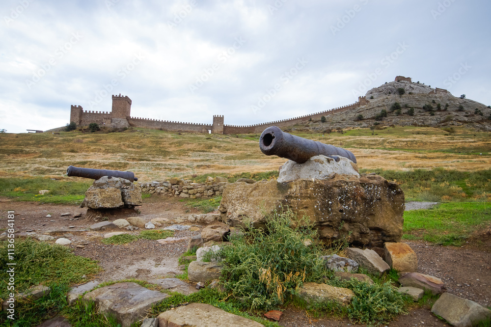 Old Genoese fortress in the city of Sudak in summer. Ancient architecture of Crimea.