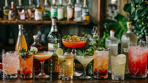 Vibrant Cocktail Collection: A dazzling array of colorful cocktails displayed on a rustic wooden bar, showcasing a variety of mixed drinks and garnishes. Perfect for menus, websites, and promotions. 