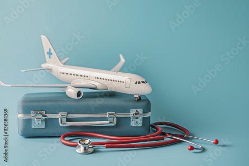 model airplane on blue suitcase with stethoscope symbolizes travel and healthcare. This evokes sense of adventure and well being