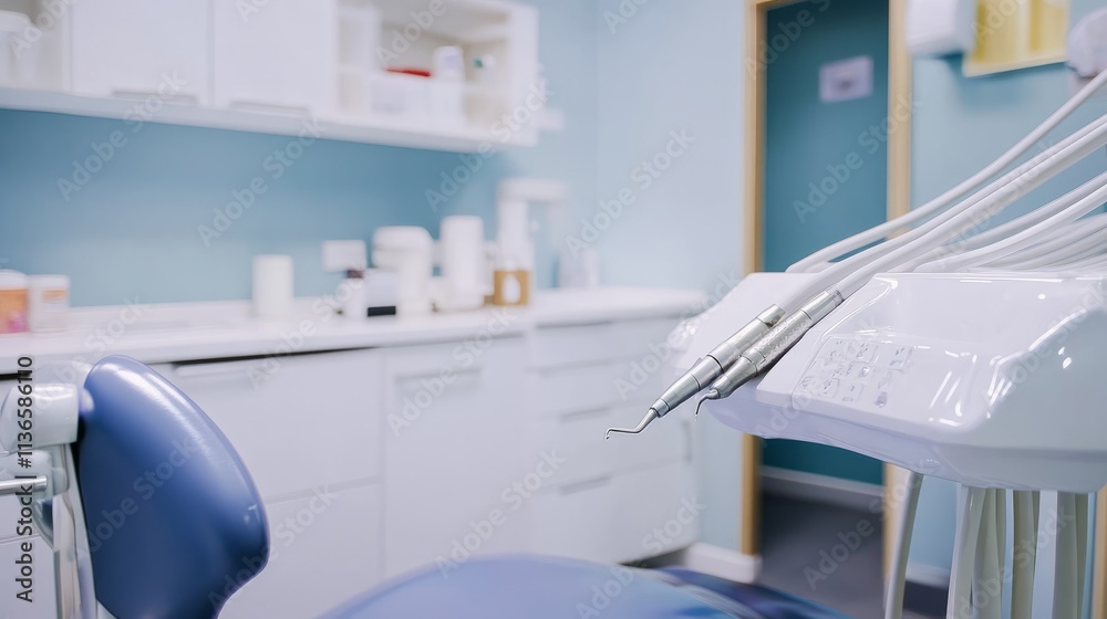 Close up of professional dental tools hanging on equipment in a dentist office Close up of professional dental tools hanging on equipment in a dentist office
