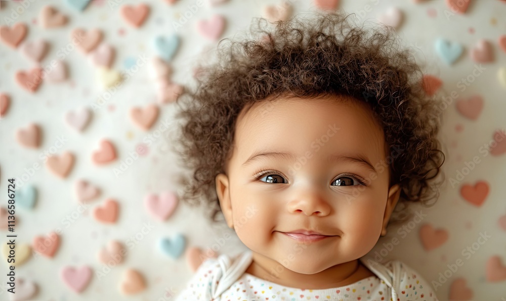 a cute baby surrounded by a pastel background, a little baby and pastel heart and balloon and cady. a cute baby surrounded by a pastel background, a little baby and pastel heart and balloon and cady.
