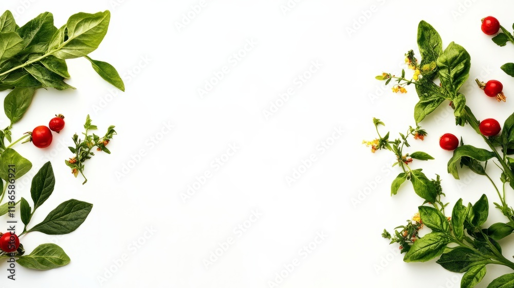 Fototapeta premium Sprigs of cherry tomatoes, basil, and small yellow flowers are arranged on a white background, creating a border with copy space