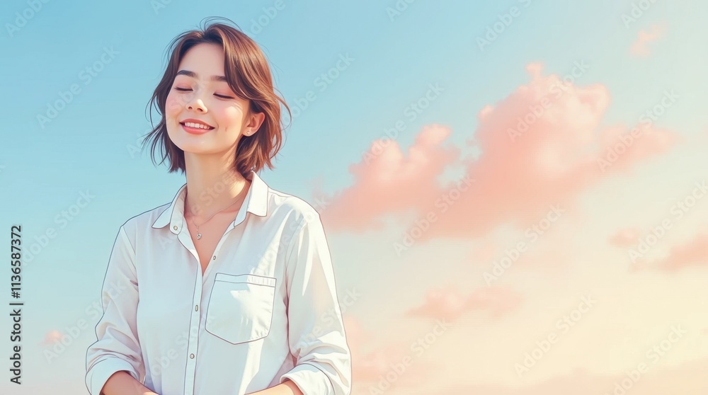 A Calm Woman in White, Comic Illustration Style A Calm Woman in White, Comic Illustration Style