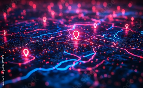 Glowing map with pins and connection lines. Technology concept photo