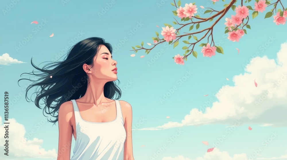 Daydreaming Woman in White - Comic Illustration Daydreaming Woman in White - Comic Illustration